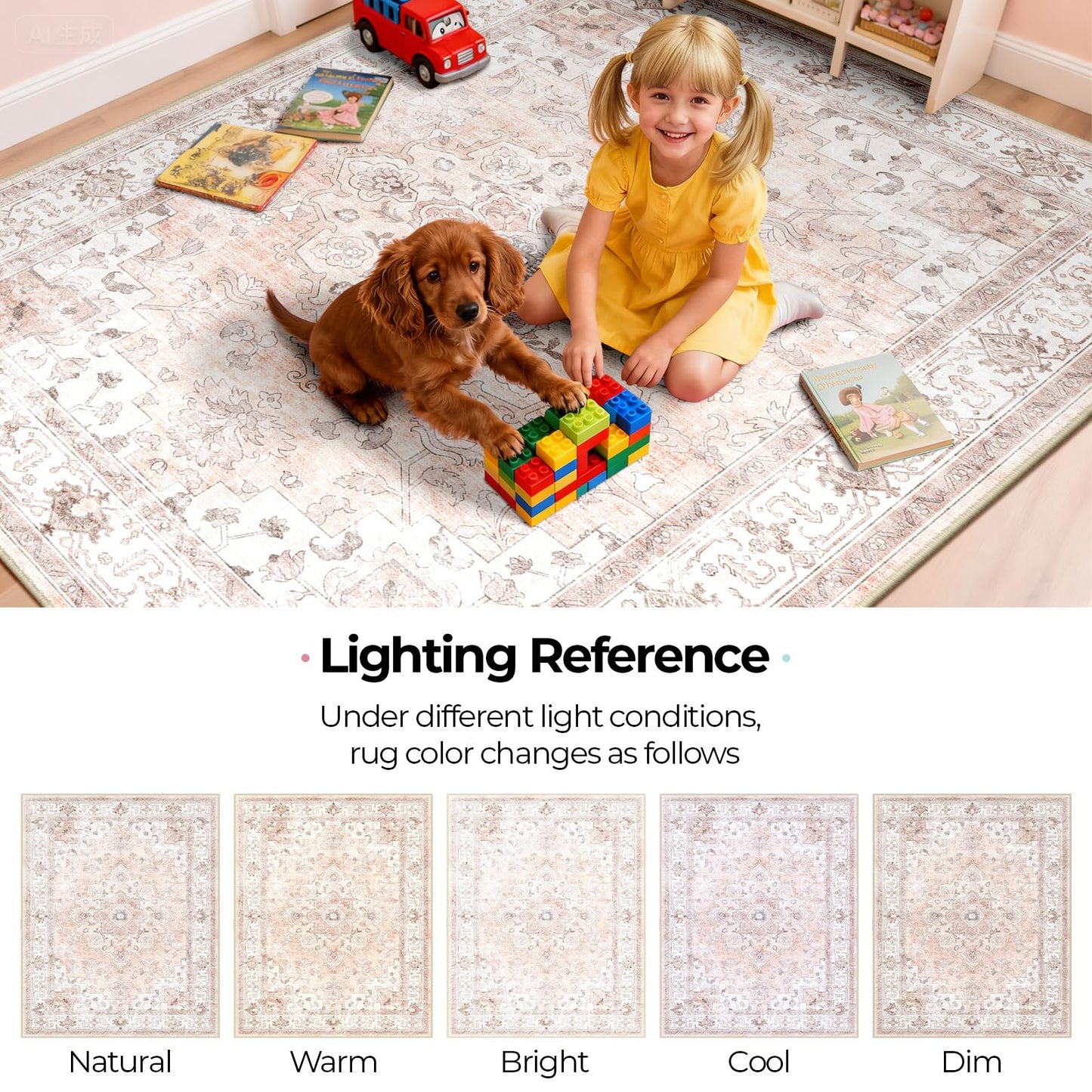 CAPALOCA Machine Washable Rugs Nursery Rug Sq5ft Cute Girl Non Slip Low Pile Water Repellent Soft Print Pattern for Bedroom Indoor Decor Kids Playroom Pink