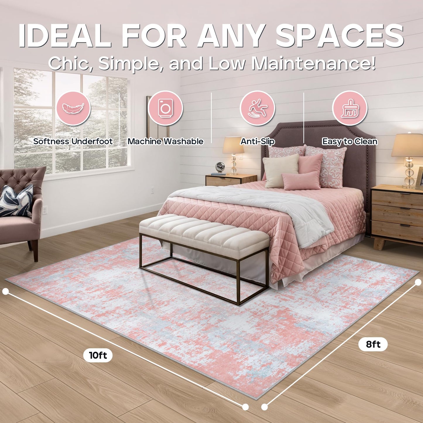 Pink Rug Carpet 8x10 Area Rugs for Bedroom Girls: Washable Modern Rug for Living Room Dining Room Non Slip Low Pile 8 by 10 Indoor Abstract Home Office