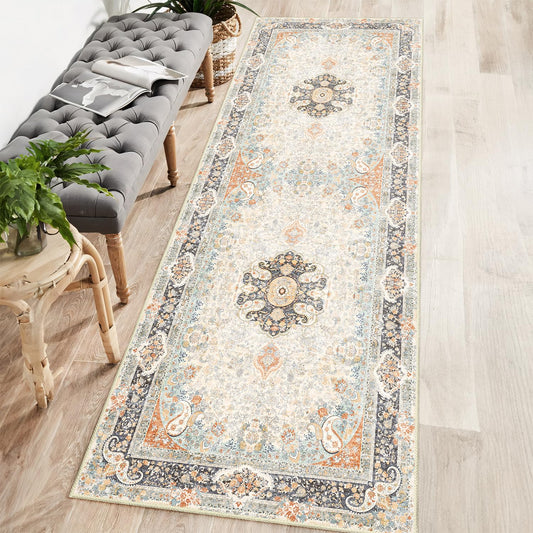 Castage Washable Runner Rug 2x6,Vintage Rug Runners Non Slip,Long Boho Rugs for Hallways Kitchen Bedroom Entryway Living Room Bathroom,Bohemian Distressed Floor Carpet,Retro Blue Grey Floral