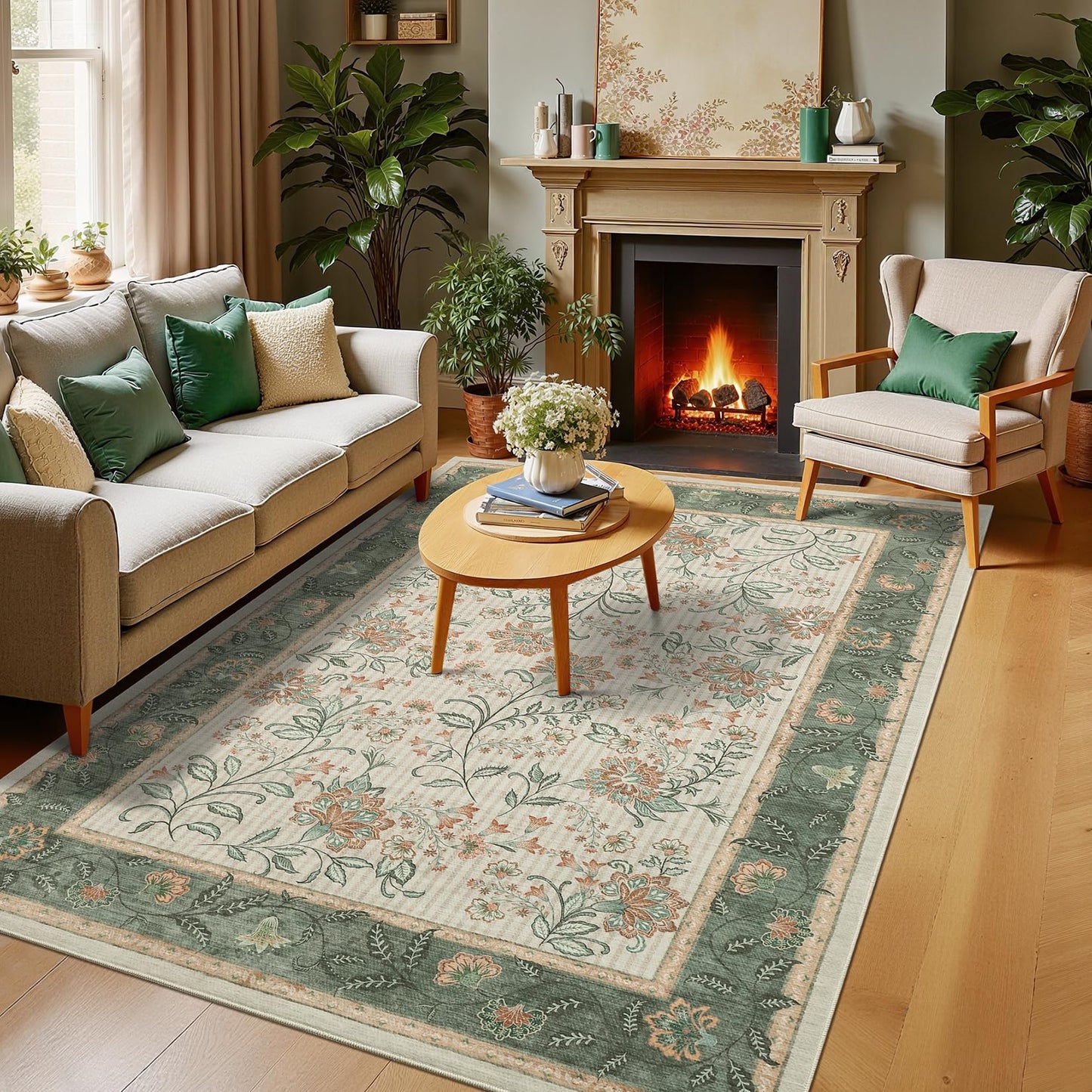 GarveeHome 5x7 Area Rug Sage Green Washable Rugs for Living Room Bedroom, Soft Low Pile Non Slip French Country Floor Mat Botanical Floral Print Throw Rug Indoor Carpet Dining Room Playroom