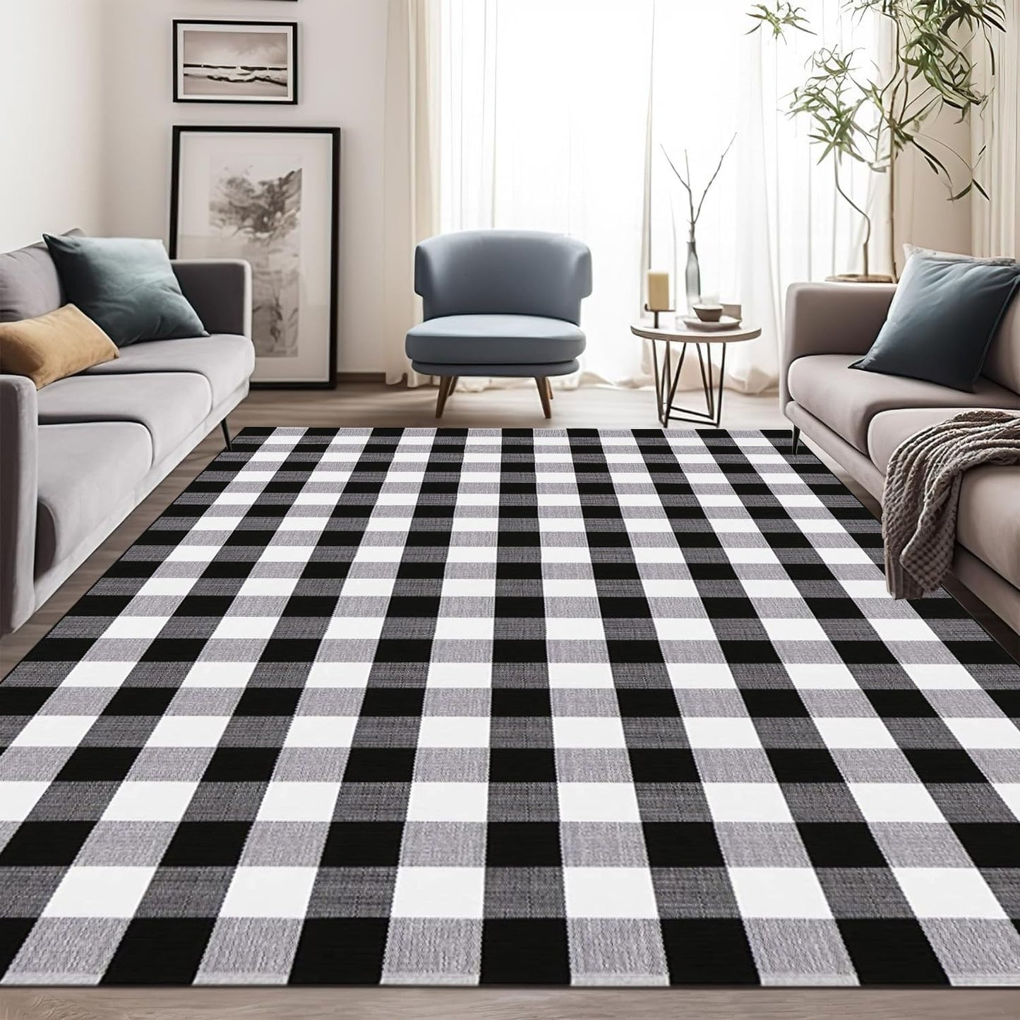 YINMEIJU Buffalo Plaid Rug 5.5'x7.5'Black and White Area Rug,Washable Cotton Woven Indoor/Outdoor Rug for Farmhouse/Dining Room/Bedroom/Living Room Rug Retro Lattice Checkered Carpet