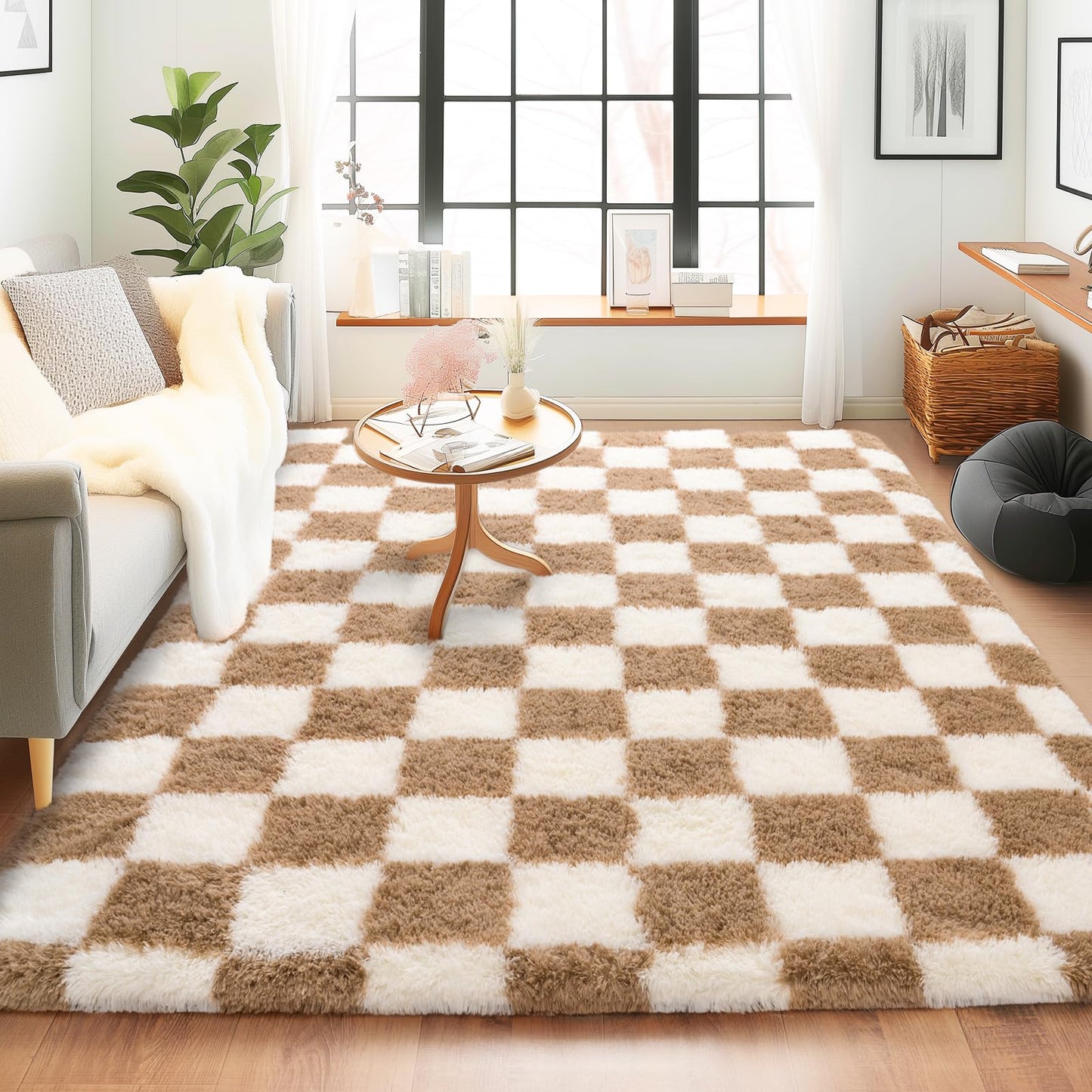 Quntue Rugs for Bedroom, 4x6 Fluffy Fuzzy Shag Checkered Area Rug for Living Room, Modern Plush Soft Upgrade Non-Slip Carpet for Kids Girls and Boys Room Dorm Nursery Home Decor, Cream and Beige