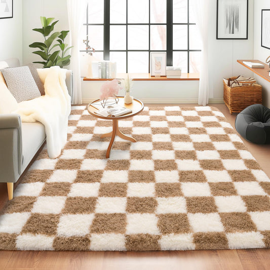 Quntue Rugs for Bedroom, 4x6 Fluffy Fuzzy Shag Checkered Area Rug for Living Room, Modern Plush Soft Upgrade Non-Slip Carpet for Kids Girls and Boys Room Dorm Nursery Home Decor, Cream and Beige