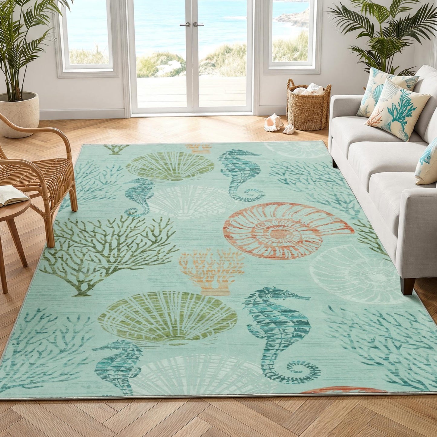 Tribesigns Boho Coastal 8x10 Area Rugs for Living Room, Soft Large Washable Bedroom Rugs 8x10, Indoor Dining Room Printed Carpet for Ocean Beach Nursery Dorm Office Decor, Green/Coral