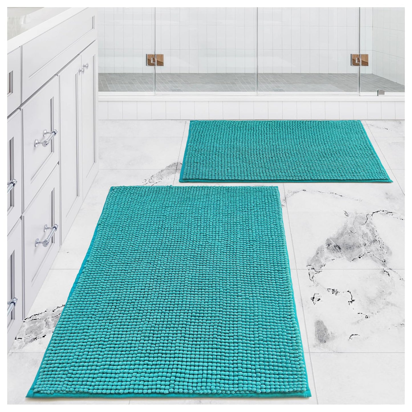 Civkor Teal Bathroom Rugs, Chenille Bathroom Rugs Sets 2 Piece with Non Slip Backing, Bath Mats 31x20+24x16 Inch High Absorb Water Turquoise Bath Rugs, Quick Dry and Easy Clean