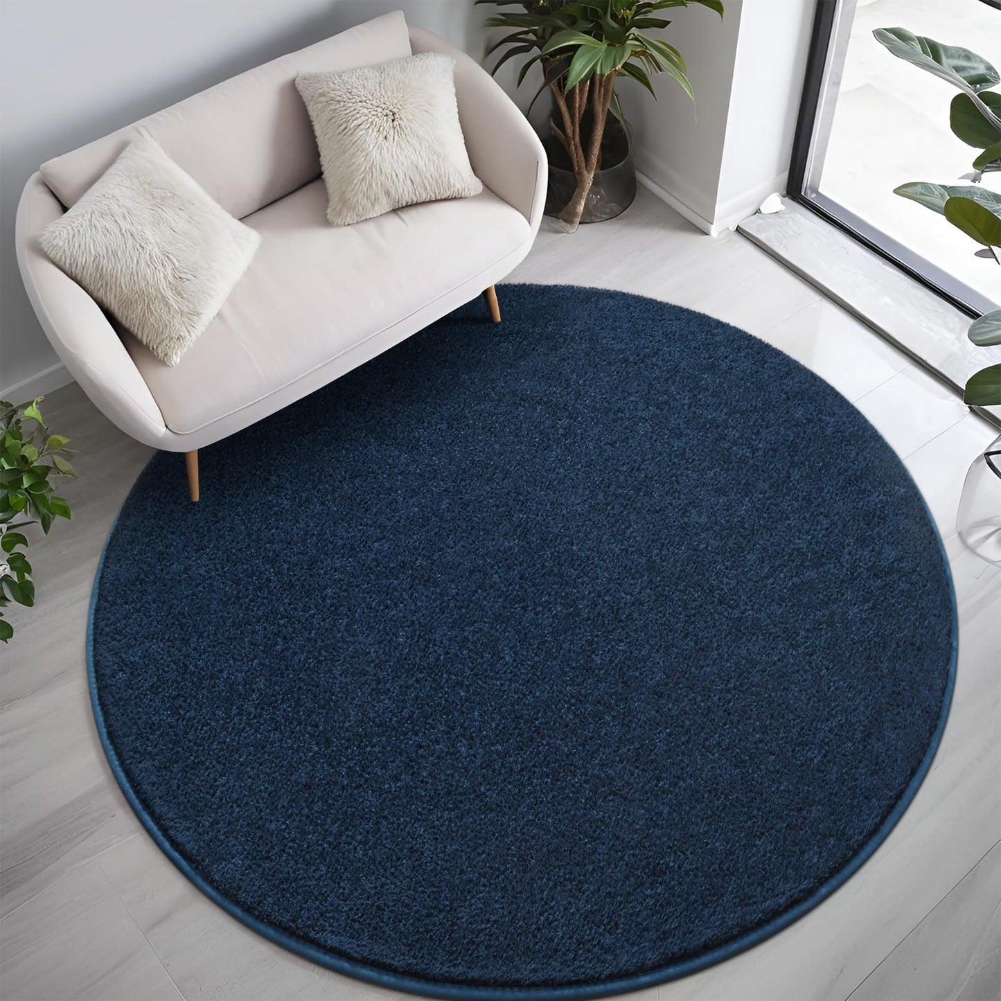 FALARK Navy Blue Round Area Rugs for Living Room Bedroom, 4x4 Feet Ultra Soft Memory Foam Modern Indoor Circle Carpet, Non-Slip Comfy Washable Circular Rug for Boys Girls Nursery Room Home Decor