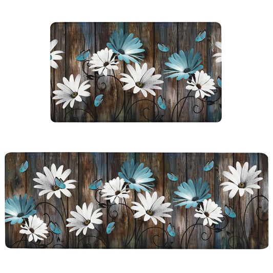 Anti Fatigue Farmhouse Kitchen Rugs Set of 2,Daisy Floral Kitchen Mats For Floor,Rustic Kitchen Decor, Anti-slip and Anti-Fatigue Foam Standing Mat,17x30 inch Sink Mat+17x47 inch Runner Rug Gray