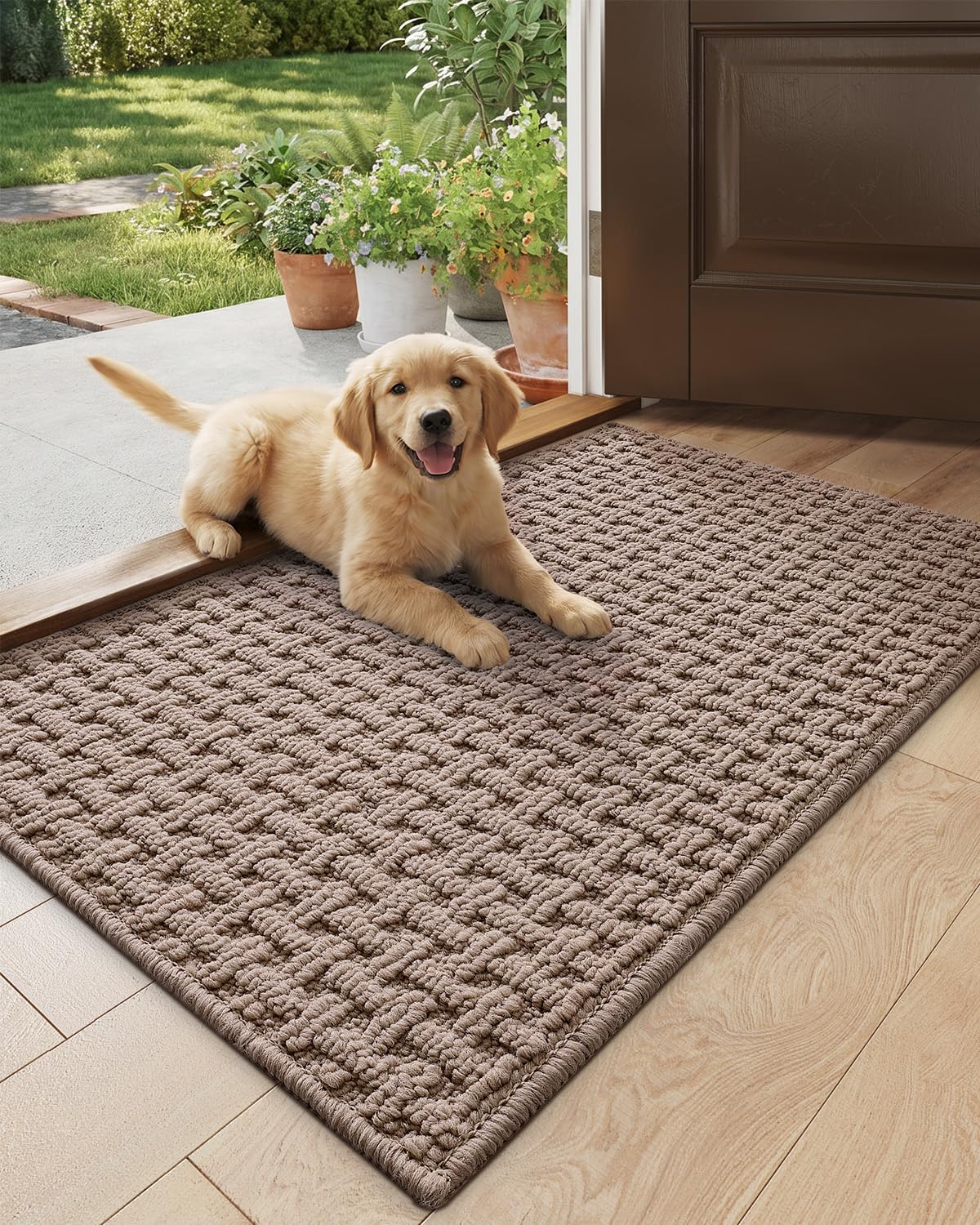 DEXI Washable Door Mat Indoor Entrance, 17x30 Dirt Trapper Front Entryway Doormat Absorbent, Inside Entry Way Mats Non Slip Rubber Backing for Backdoor Home Floor Area, Beige