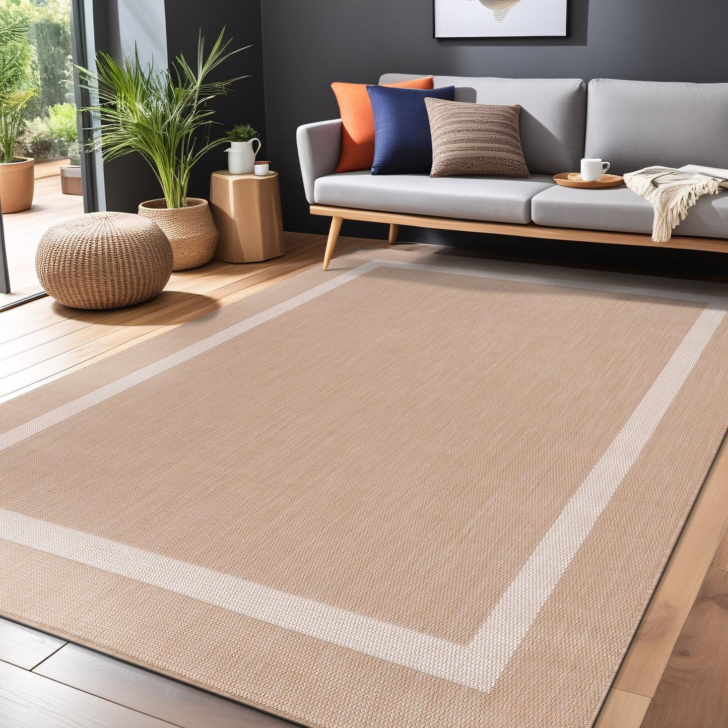 Luul Home Bordered Outdoor Rug 9x12 Washable Outside Carpet for Indoor Patio Porch Waterproof Easy Cleaning Non Shedding Area Rugs Beige 9 x 12