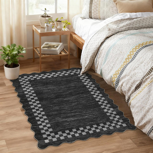 Small Area Rug 2x3 Modern Checkered Entry Rug Solid Color Scalloped Kitchen Rugs Washable Bedroom Doormat Non Slip Stain Resistant Bordered Throw Carpet for Living Room Nursery Laundry, Grey