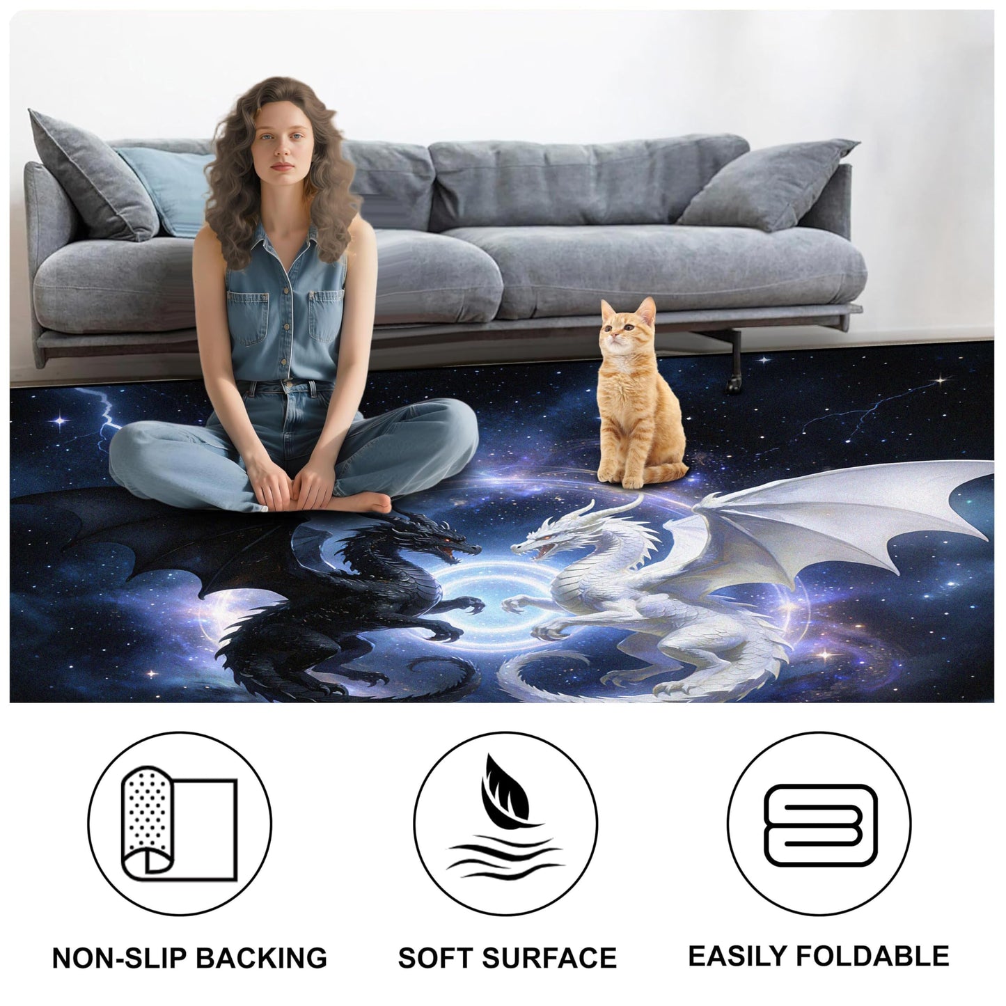VTKON 2x3 Black and White Dragon Area Rug Washable for Living Room, Indoor Non Slip Fantasy Starry Sky Dragon Print Carpet for Kids Boys Bedroom, Animal Theme Floor Mat Room Decor