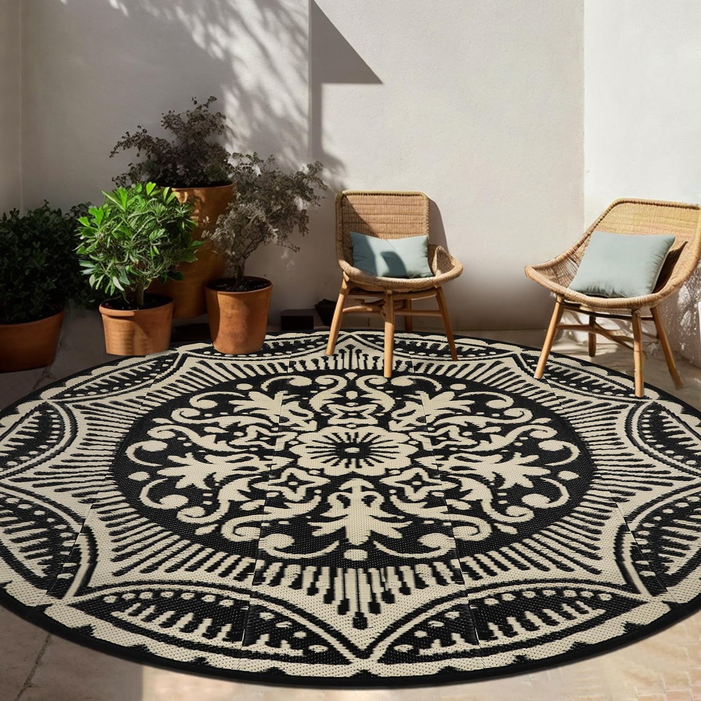 Capslpad 6x6 Floral Outdoor Rug for Patio Clearance Reversible Mat Round Portable Plastic Straw Carpet Waterproof Boho Outside Area Rug for RV Camping Picnic Tent Balcony Beach Deck, Black and Brown