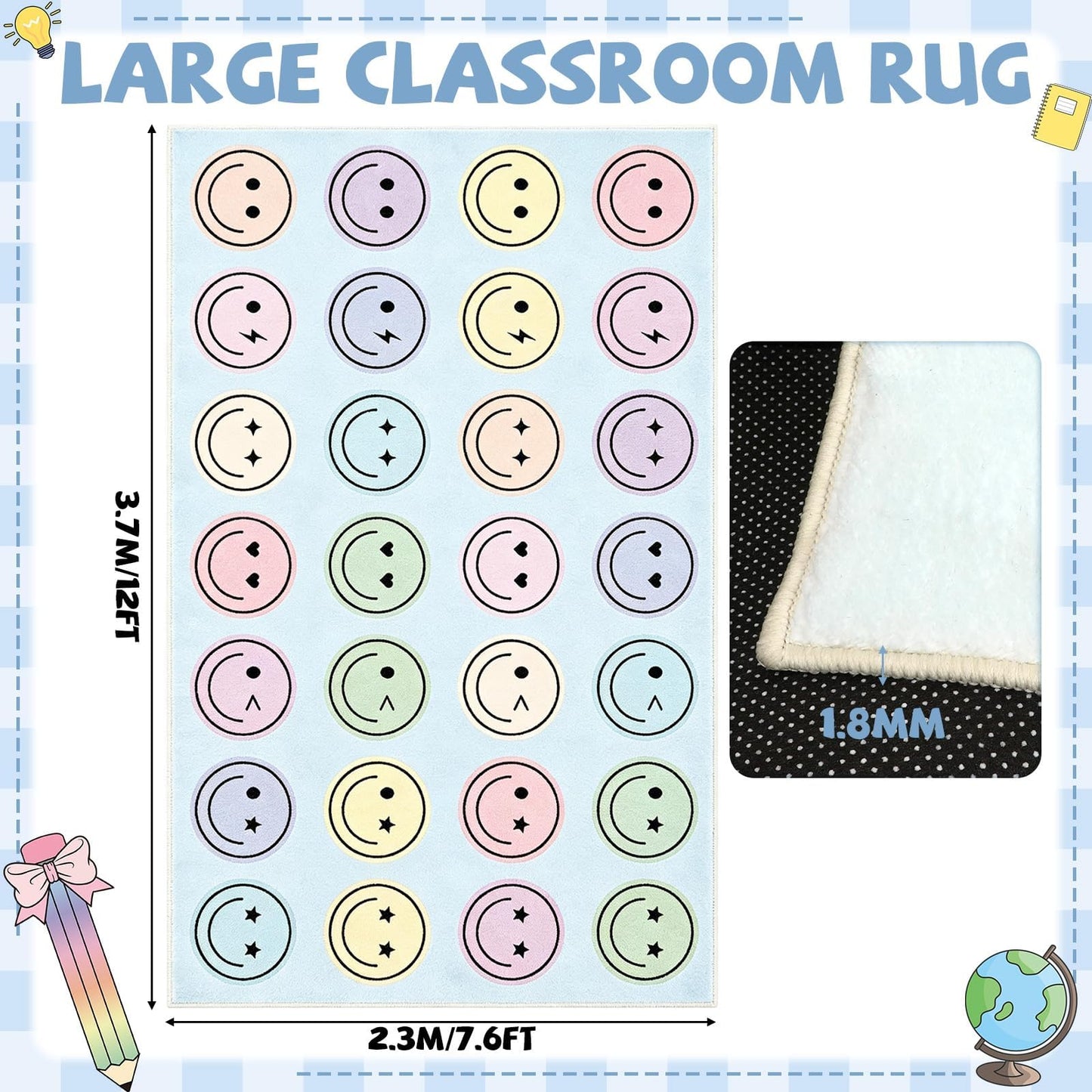 7.6x12 ft Large Smile Face Classroom Rug Happy Face Educational Area Mat Smile Faces Blue & Multicolor Play Carpet Back to School Learning Mat for Preschool Playroom Nursery Kindergarten(Blue)