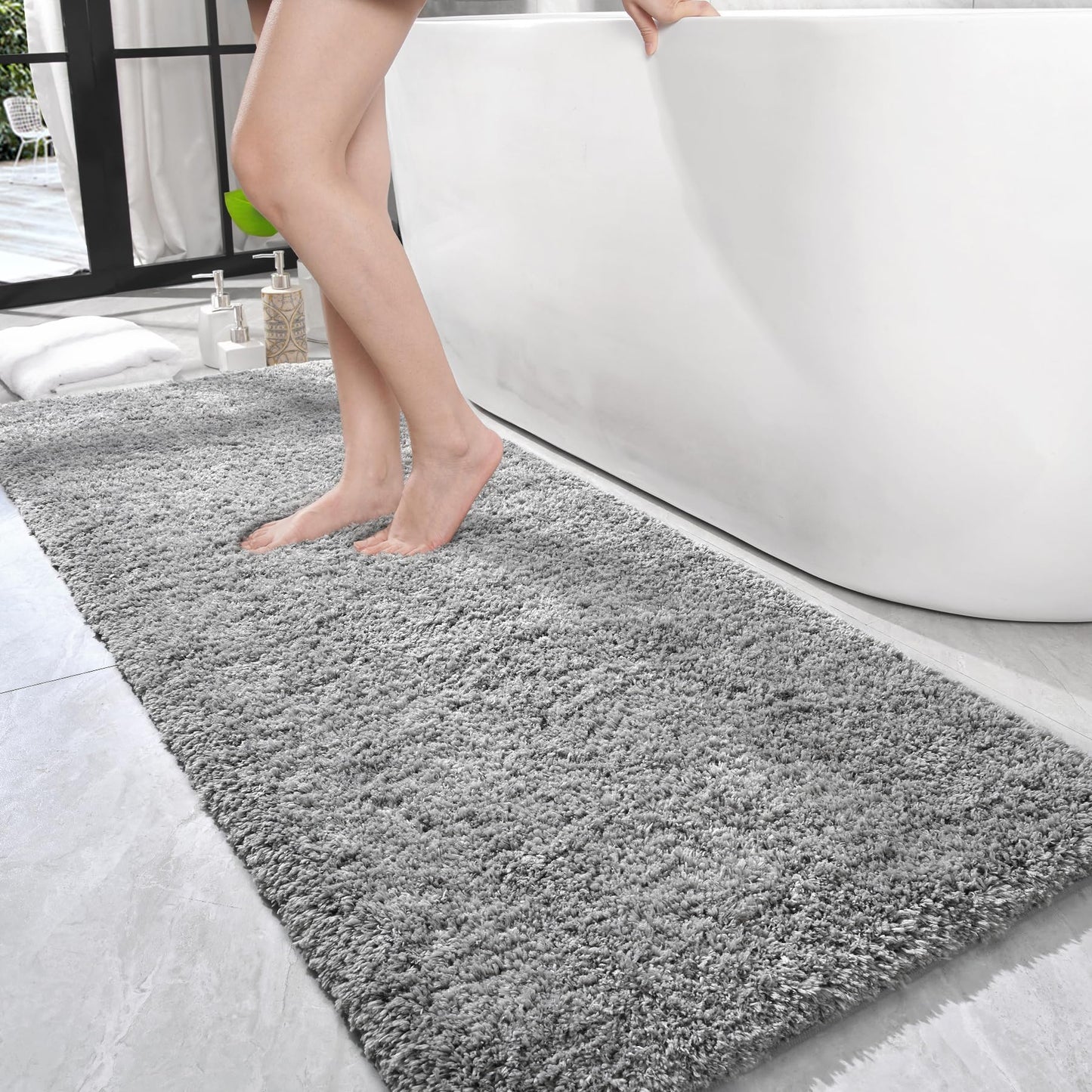 LOCHAS Bathroom Rug Runner 24x60 Inch, Soft Thick Absorbent Microfiber Bath Rugs for Bathroom, Machine Washable, Shaggy Plush Non Slip Bath Mat for Tub, Shower Floor, Quick Dry Mats, Grey