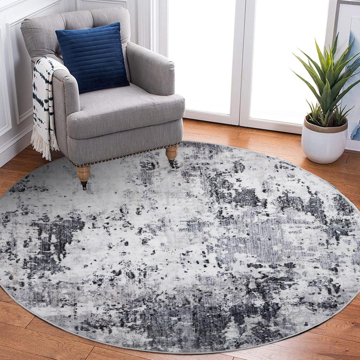 ROYHOME Modern Abstract 4x4 Round Area Rug Non Slip Non Shedding Rug Low Pile Stain Resistant for Bedroom Living Room Office Dining Room,Grey