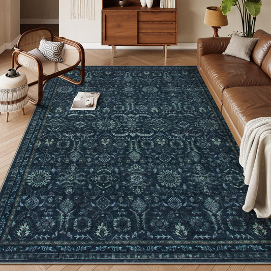 Lahome Mirae Navy Blue 8x10 Area Rugs for Living Room,Boho Machine Washable Dining Room Area Rugs,Dark Vintage Thin Stain Resistant Carpets for Bedroom Dorm Home Office