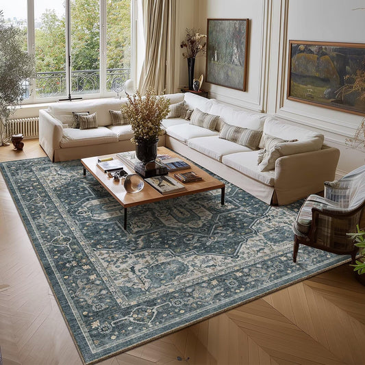 9x12 Area Rugs for Living Room, Washable Boho Non-Slip Vintage Distress Lager Rugs for Bedroom Dining Room Nursery Office, 0.3" Neutral Oriental Throw Thin Carpet, Blue/Multi