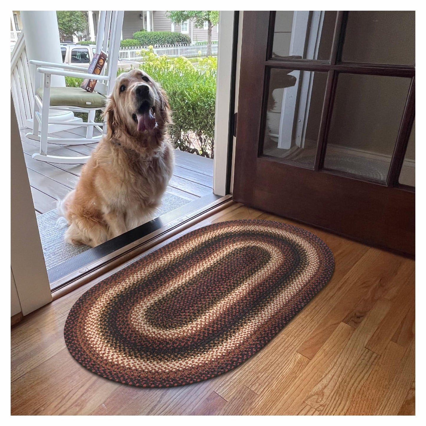 Oval Jute Braided Rug – All Natural Fiber 20" x 30" Area Rug, Made with Natural Jute Twine – A Reversible Rug for Rustic Home Décor – Homespice Prescott Oval Jute Rug 20" x 30" with Black, Red, Brown