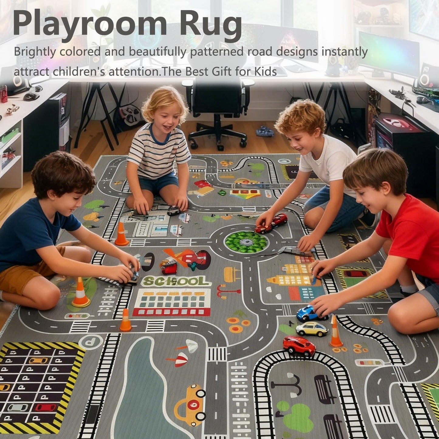 Car Rug Play Mat Road Rug,Kids Carpet Playmat Rugs City Life Great for Playing with Cars and Toys,Children Educational Race Track Rugs with Non-Slip Rubber Backing for Playroom Bedroom Classroom