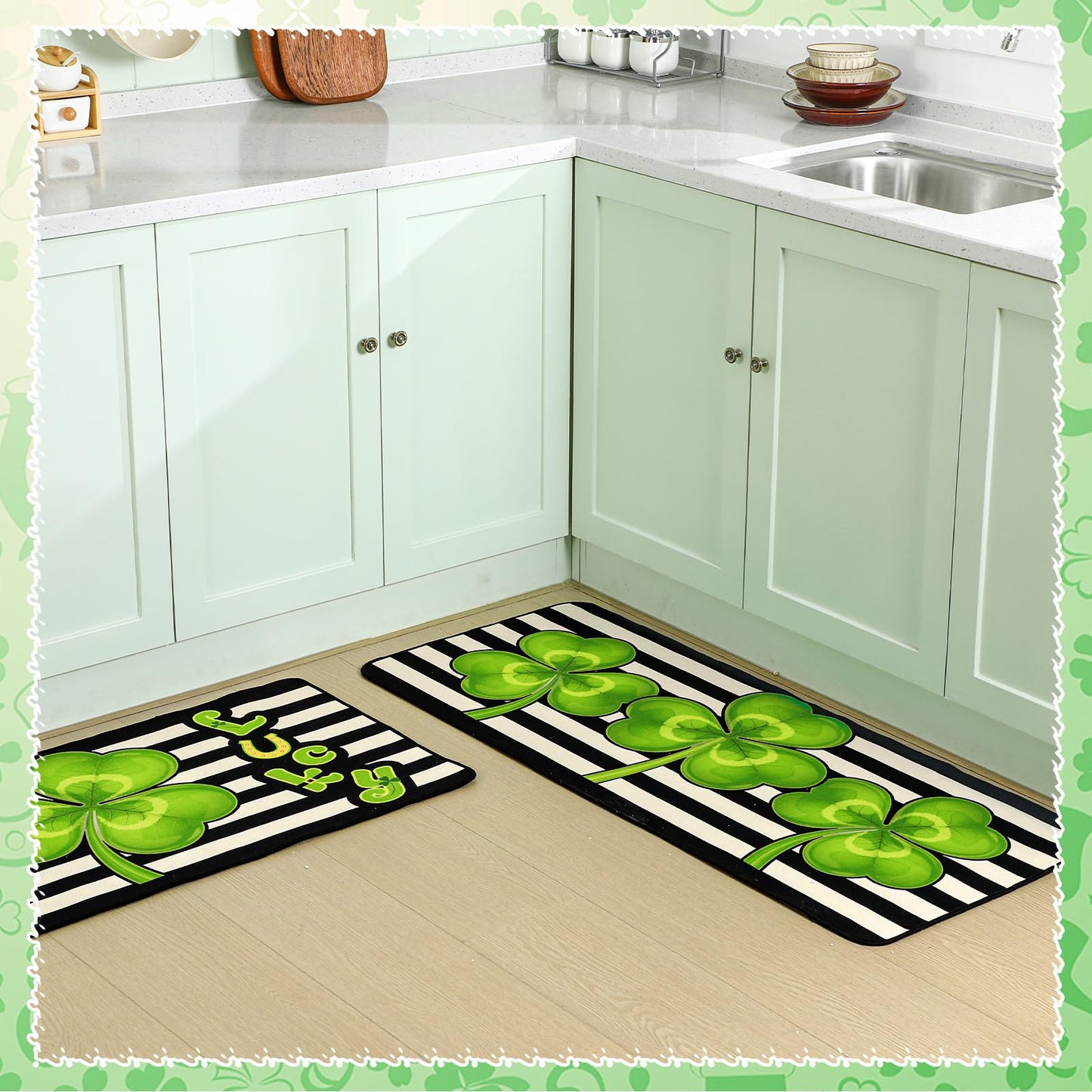 Drydiet 3 Pcs St Patricks Day Kitchen Rugs and Mats Set Shamrocks Non Slip Rug Waterproof Floor Mat for Irish Saint Patricks Day Home Bar Office Bathroom Party Decor