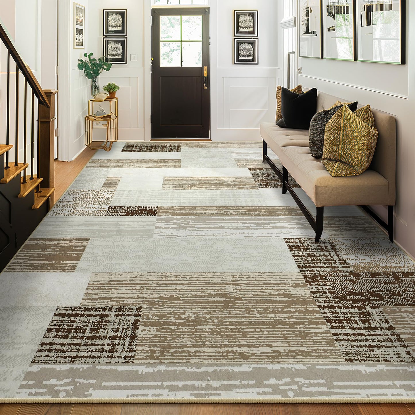 Large Area Rugs,Modern Geometric Patchwork Floor Decor for Bedroom Aesthetic Carpet, Rockwood Collection, Indoor Rugs for Living Room, Dining Room, Nursery, Office, Machine Washable Rug,5x8 Ft Beige