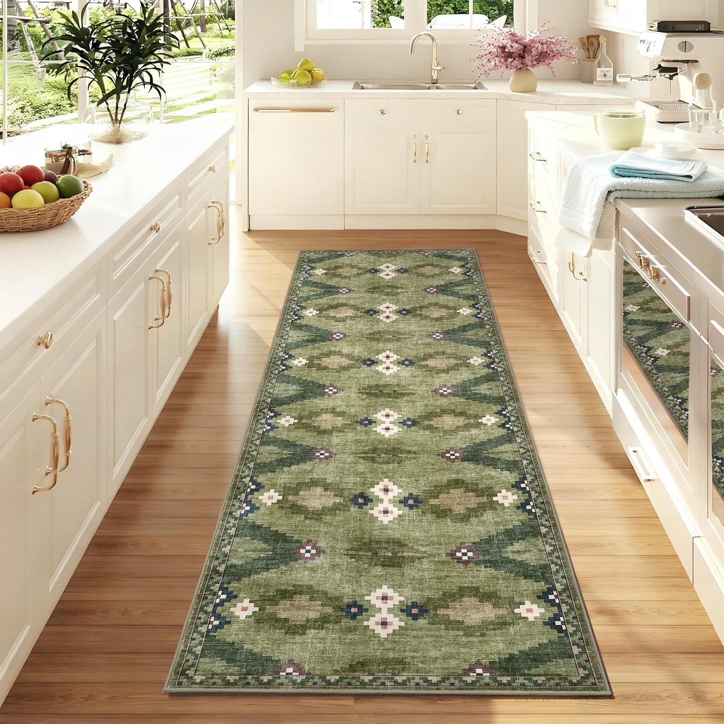 Hallway Runner Rug 2x6 Modern Geometric Non Slip Kitchen Runner Carpets Stain Resistant Mid Century Tribe Runners Soft Low Pile Boho Runner Mat for Laundry Bedroom Living Room Nursery Bedside, Green