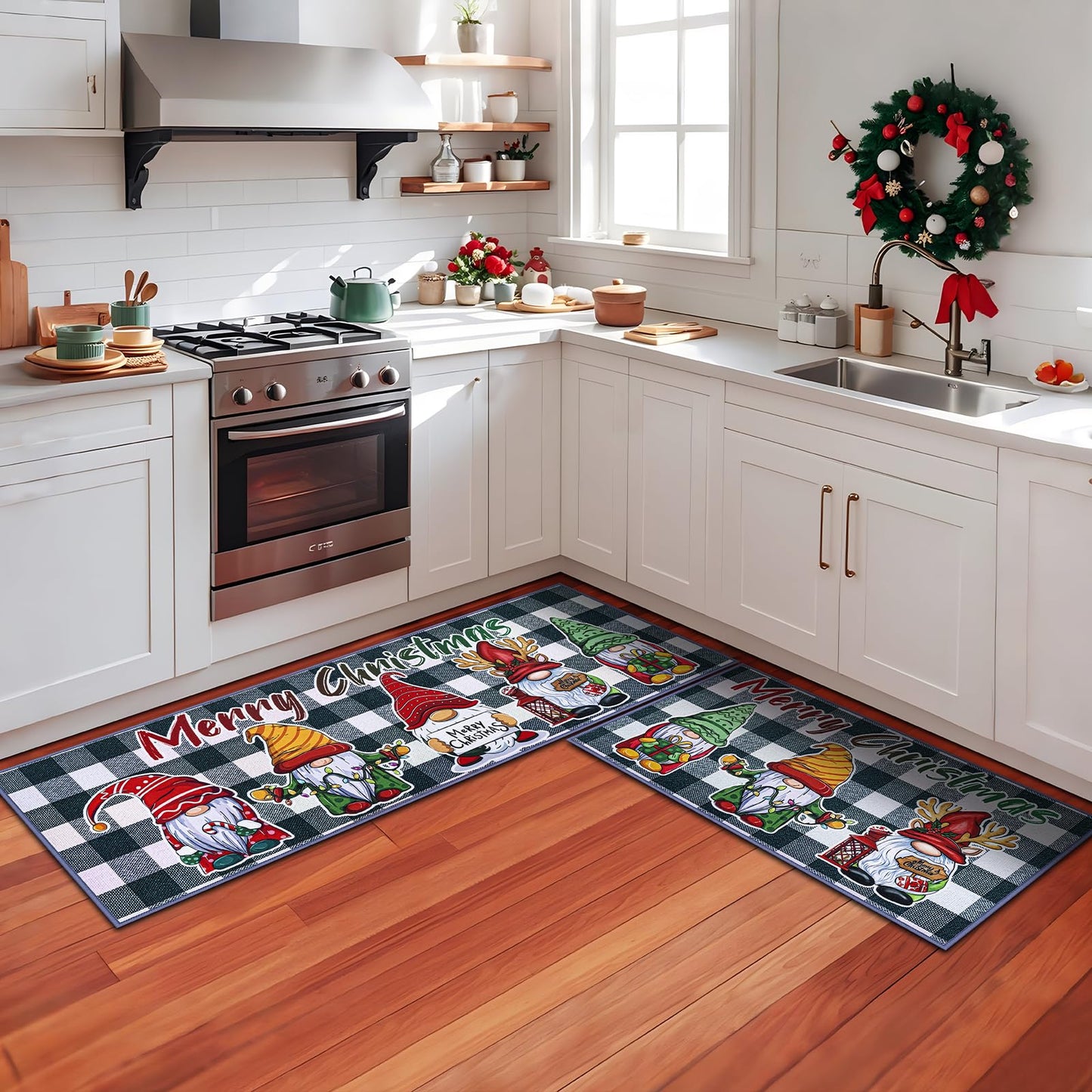 JSVSLTD Christmas Kitchen Rugs, Set of 2 Kitchen Floor Mat Christmas Decorations for Home, Non-Slip Anti Fatigue Kitchen Mats (17"x47"+17"x29", Gnome)