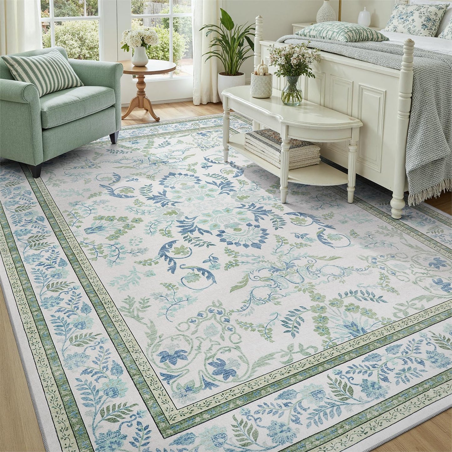 DCX Green 5x7 Rug, Kid & Pet Friendly with Rubber Back Non Slip, Machine Washable Stain Resistant Botanical Floral Rug for Living Room, Bedroom, Home Office, Soft Low Pile Large Nursery Carpet