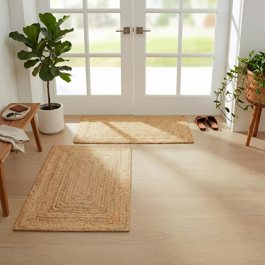 Jute Rug 2'x3' Area Rug - Pack of 2, Hand Woven Jute Braided Boho Rug for Living Room Outdoor Bedroom Kitchen Entryway Farmhouse Hallway, Rustic Vintage Natural Reversible Floor Rugs: Natural Jute