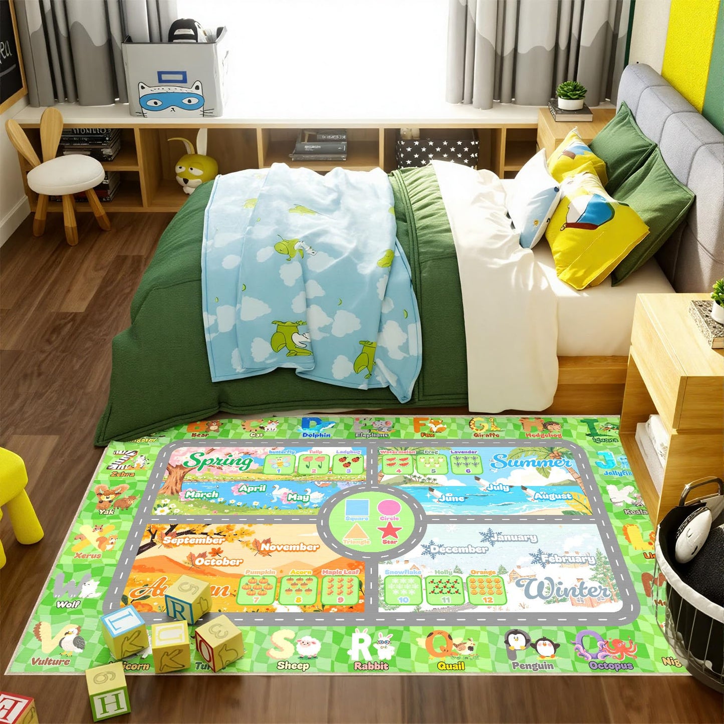 Auetwyona Kids Playroom Rug 3' x 5'- Educational Alphabet ABC Mat with Animals,Seasons & Numbers | Classroom Rug & Playroom Essential Fun Play Mat Washable Kids Area Rug for Boys & Girls Bedroom