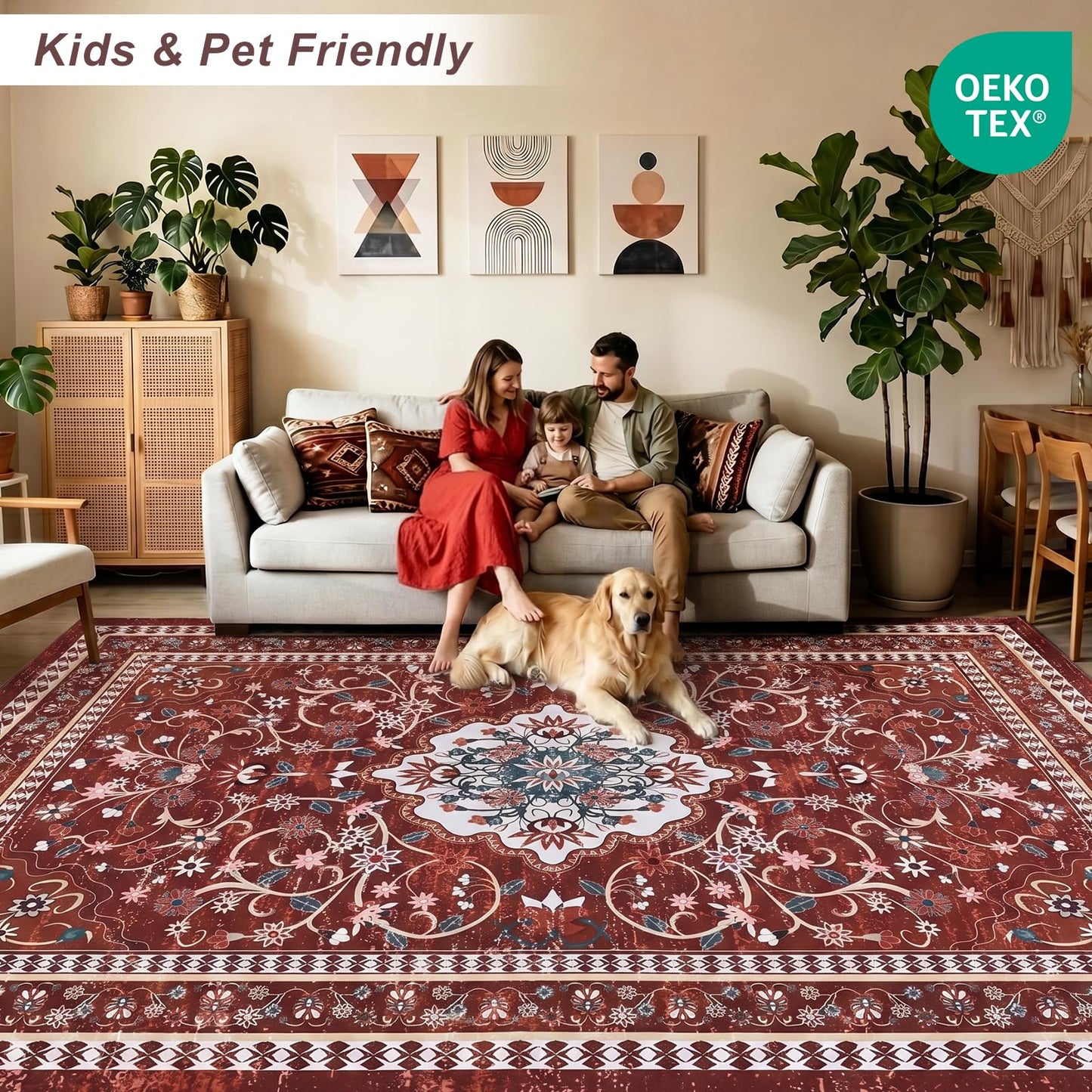 BLEUM CADE 8' x 10' Red Boho Rugs for Living Room, Washable Low Pile Non-Slip Area Rugs for Bedroom Dining Room Kitchen Classroom Office Nursery Playroom