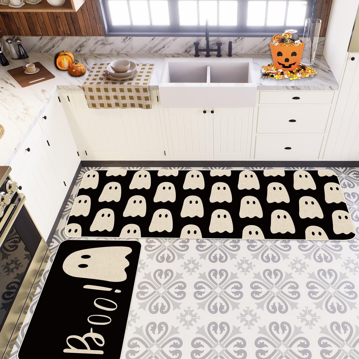 FYSUIMU Halloween Ghost Kitchen Rugs Set of 2 Black Ghost Boo Kitchen Floor Mat Non-Slip Spooky Bathroom Rugs Cute Halloween Kitchen Decor for Party Home, 17 x 29 Inch & 17 x 47 Inch