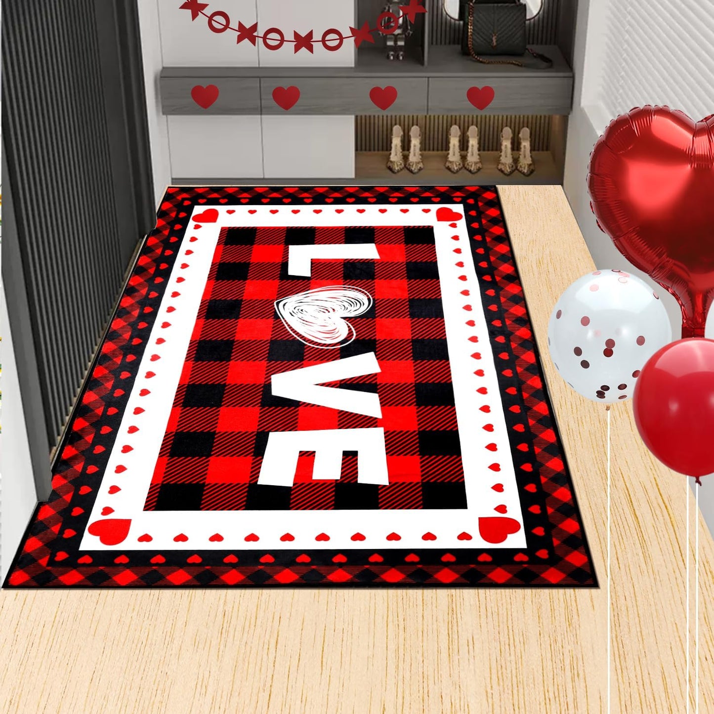 Svepndic Valentine's Day Mat 32"x48" Non Slip Holiday Floor Mat,Welcome Doormat Red Front Door Rug,Washable Entrance Door Mats Low Profile Buffalo Plaid Rug Love Heart Decorative Doormat