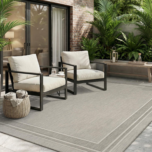 MontVoo-Outdoor Rug-Patio Rug 5x7 ft Polypropylene Indoor Outdoor Rugs Outdoor Carpet for Patio Deck Balcony Porch, Textured Weave, Durable for High Traffic, Fade-Resistant, Modern Silver Grey