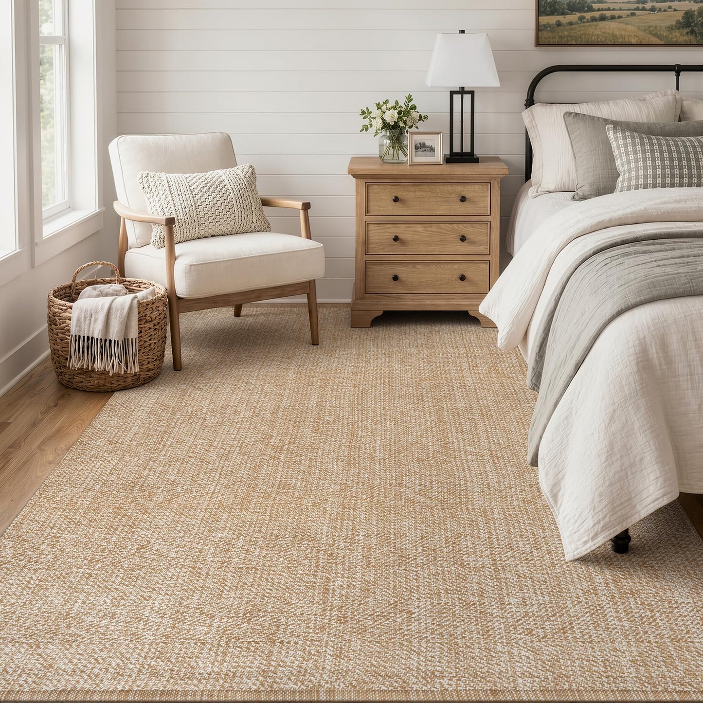 Collive Boho Living Room Area Rugs, 5 X 8 ft Washable Moder Woven Cotton Bedroom Rug, Tan Farmhouse Braided Carpets for Dining Room Nursery Room Dorm Patio Balcony Decor