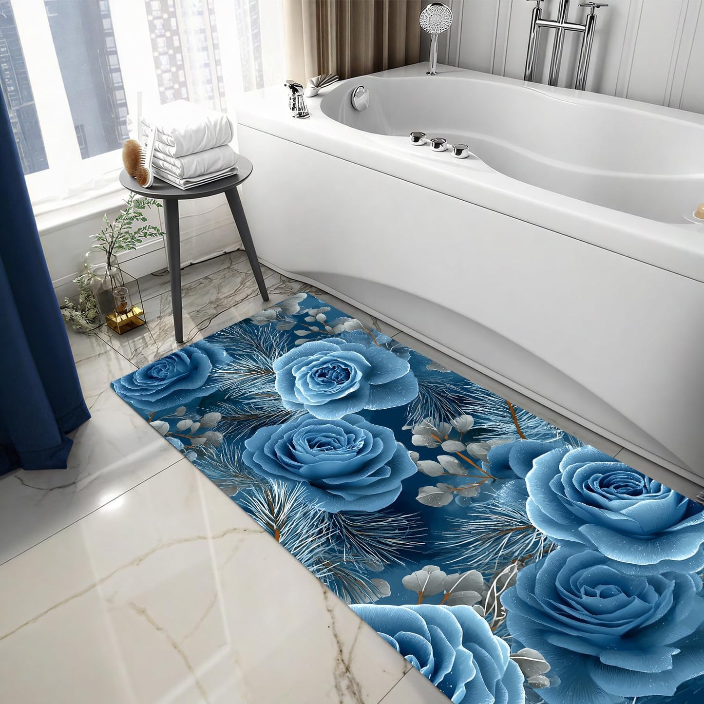Blue Rose Laundry Room Rug 20x47 Inch – Non-Slip Winter Floral Runner Mat for Laundry Room, Entryway, Christmas Decor