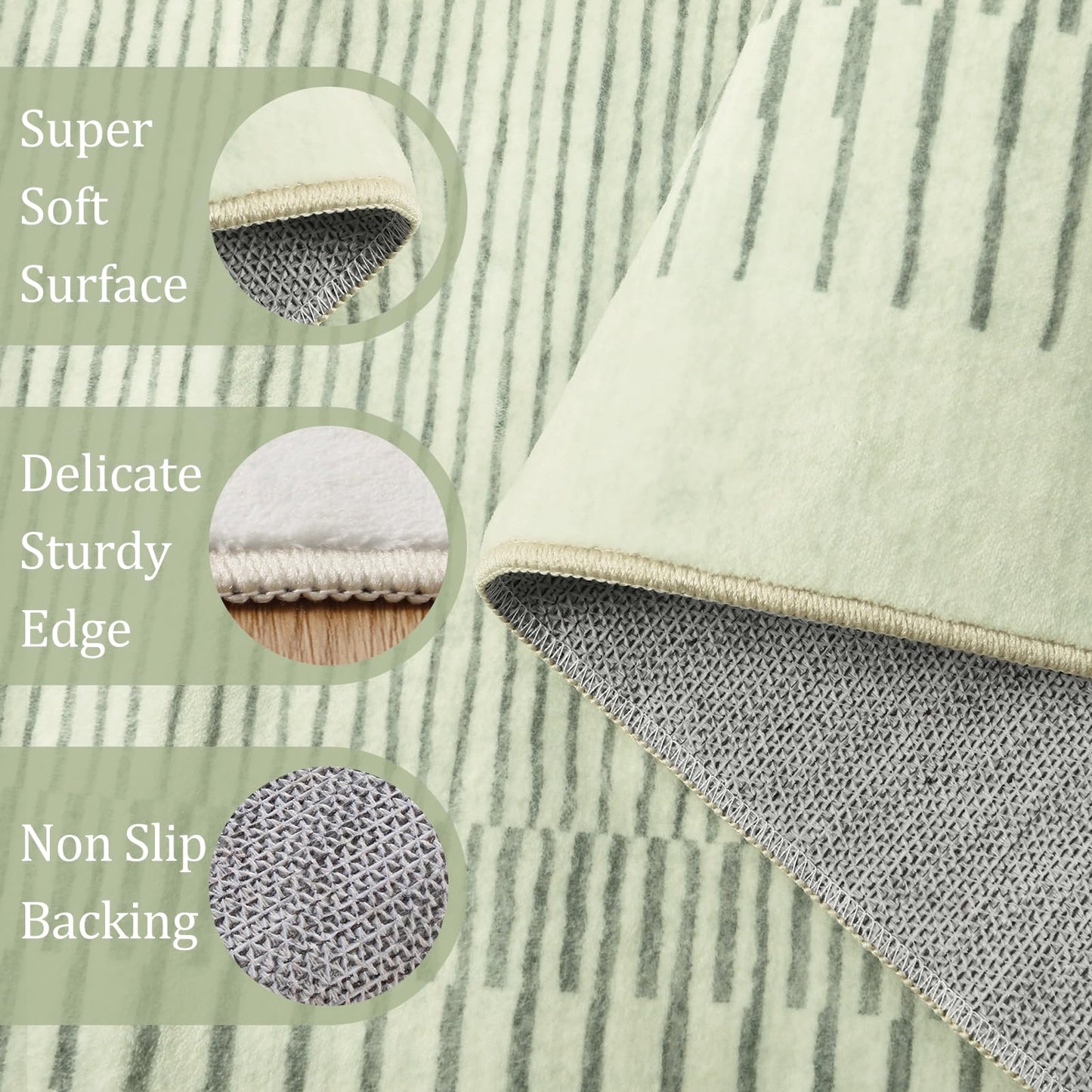 Morebes Sage Green Rug for Living Room, 5x7 Washable Area Rug for Bedroom Non Slip Modern Striped Boy Room Rug, Stain-Resistant Geometric Low Pile Soft Carpet for Nursery Dining Room