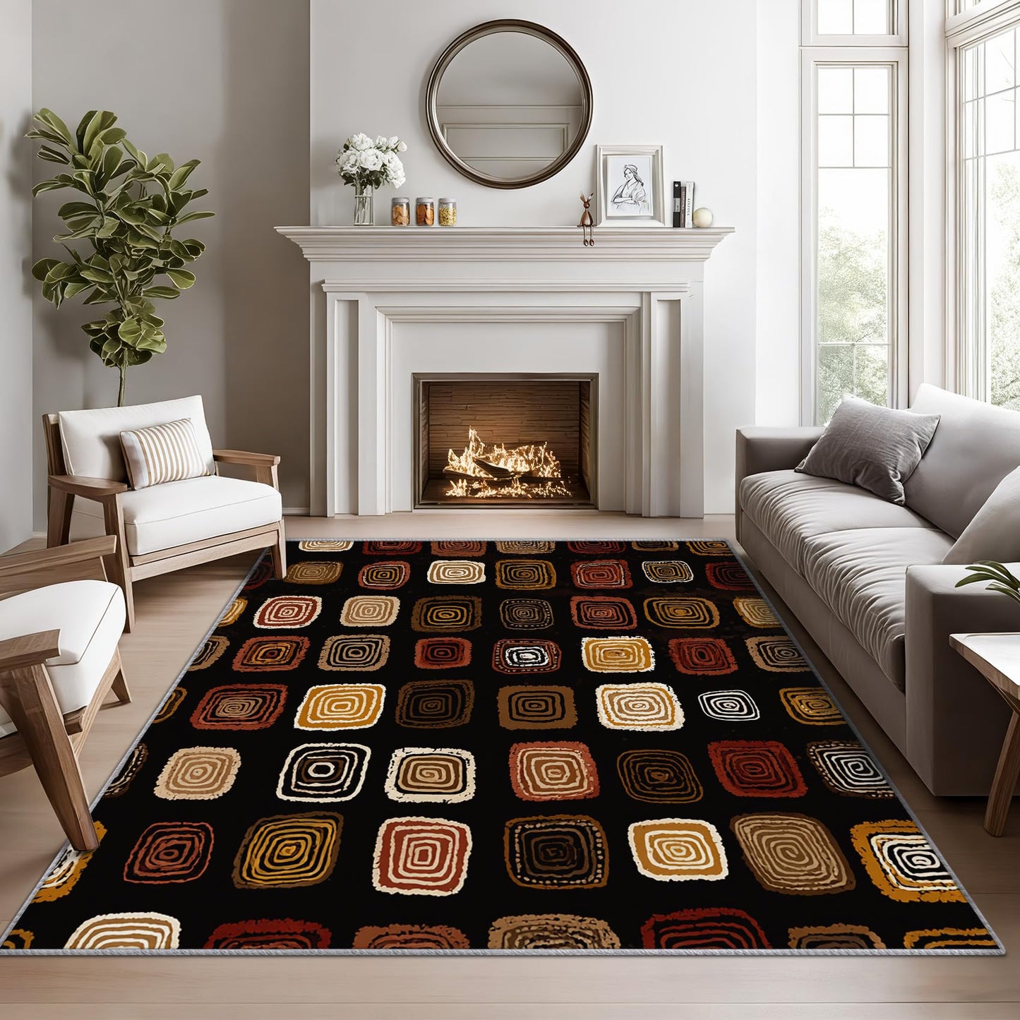 Phtbz Mid Century Rugs for Living Room -Retro Geometric Rug, 5x8 ft, Earth Tone Area Rug, Neutral Square Pattern Washable Non-Slip Stain Resistant, Modern Abstract Home Decor & Gifts