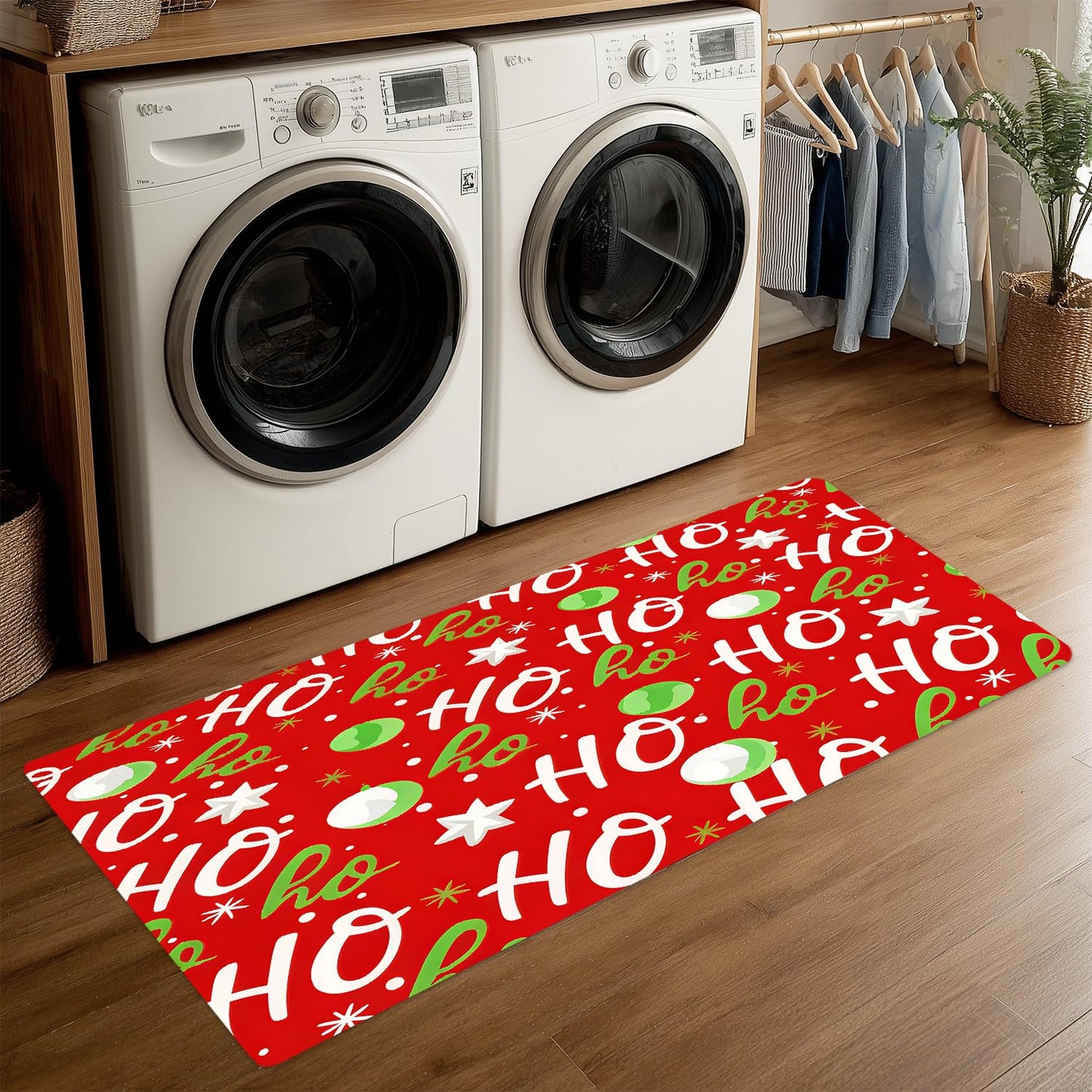 ANNA QUEEN Christmas HO HO HO Laundry Room Rug Runner 20x47 Inch -Waterproof Non-Slip Floor Mat for Front Load Washer Dryer,Festive Santa Decor,Machine Washable