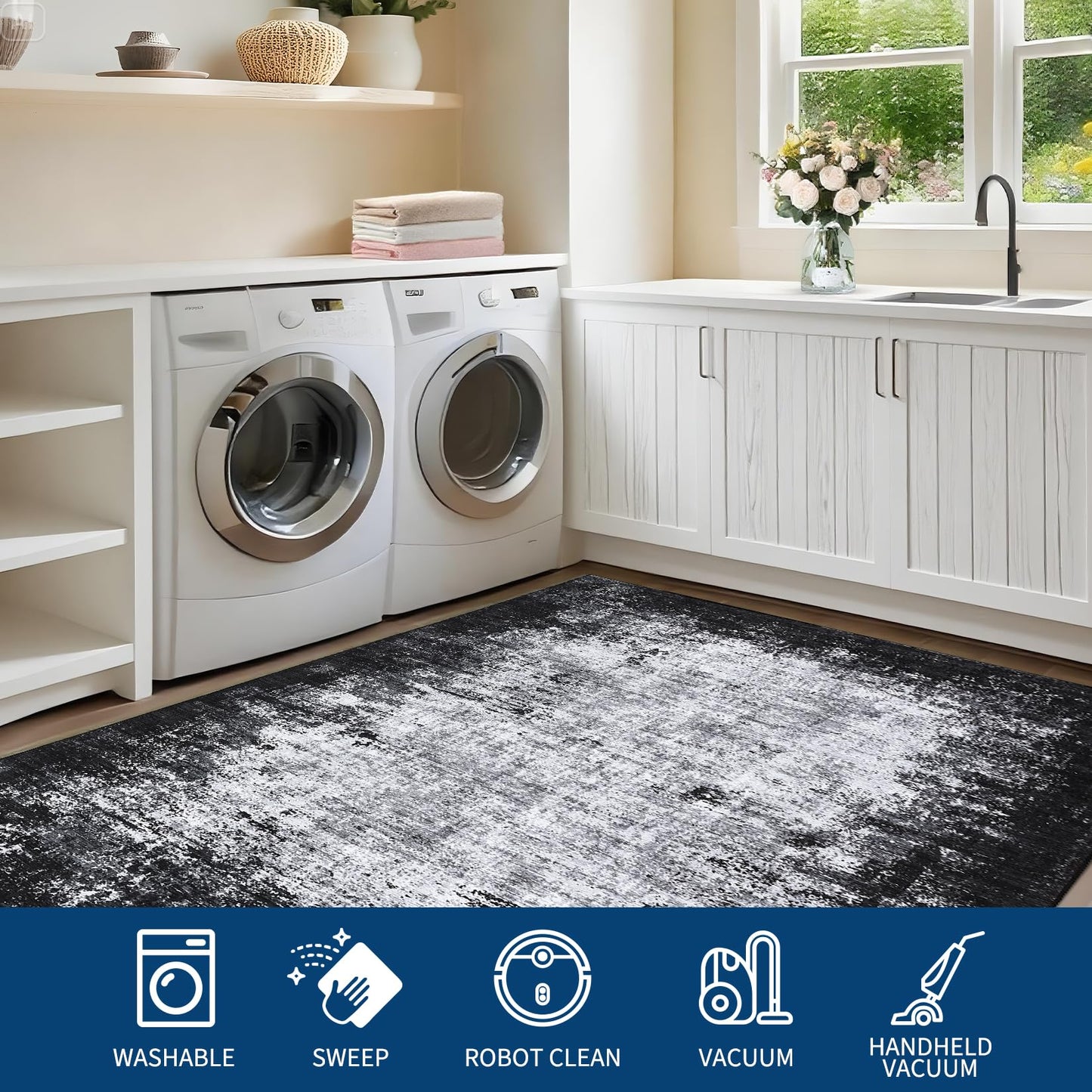 GarveeHome Machine Washable Runner Rugs 2x6 Non-Shedding Abstract Hallway Rug with Non-Slip Backing, Foldable Contemporary Low Pile Floor Cover for Bedroom, Laundry, Grey