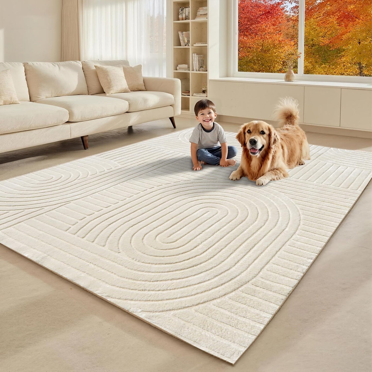 MATIIUI Beige Solid Area Rug 8x10 – Large Washable Soft Indoor Rugs for Living Room Bedroom, Modern Geometric Bohemian Pattern High-Low Pile Textured Carpet for House Apartment, Home Office Decor