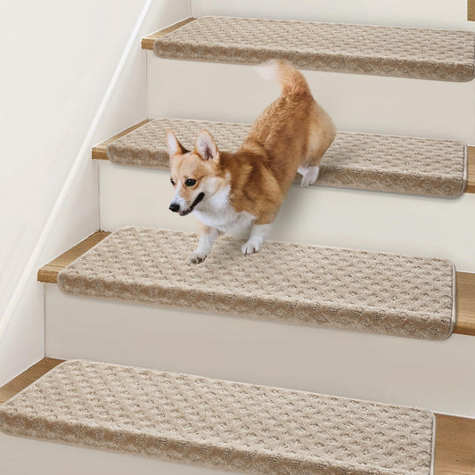 Bullnose Stair Treads Non Slip 9.5" x 32", 14 Pcs Carpet Stair Treads for Wooden Steps Indoor with Edge Protection, Reusable Peel and Stick TPU Backing Stair Runner Rugs - Lattice Pattern Beige Grey