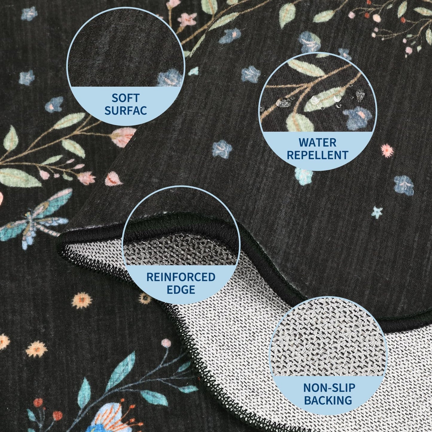 Garvee Large Rugs for Living Room 10x13 Scalloped Floral Rug Washable Rugs Stain Resistant Easy Cleaning Non Slip Floor Cover for Apartment Dining Room Office Nursery, Black