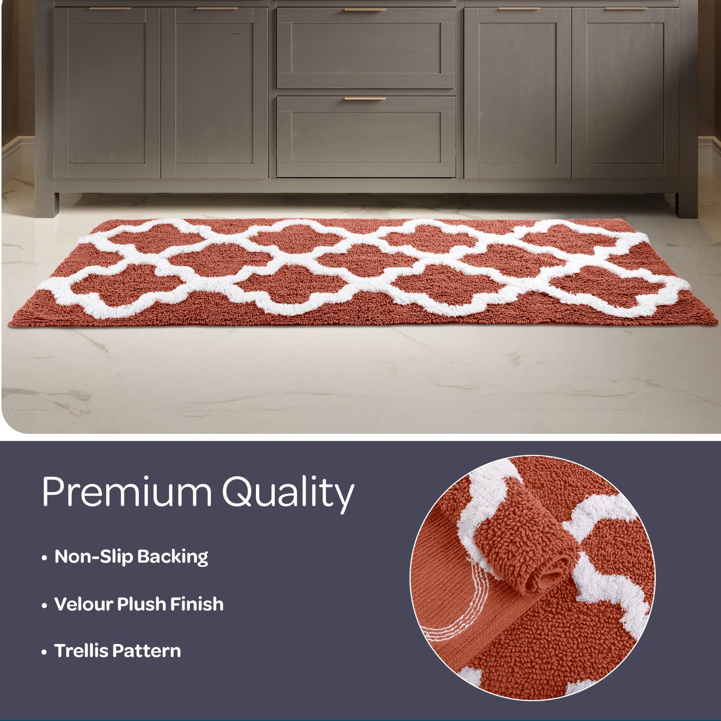 Bathroom Rug - 24 x 60 Inch Long Non Slip Bath Mat with Trellis Pattern - Extra Soft Absorbent Cotton Bath Mat - Machine Washable Bathroom Rugs Runner for Shower, Tub, or Vanity by Lavish Home (Red)