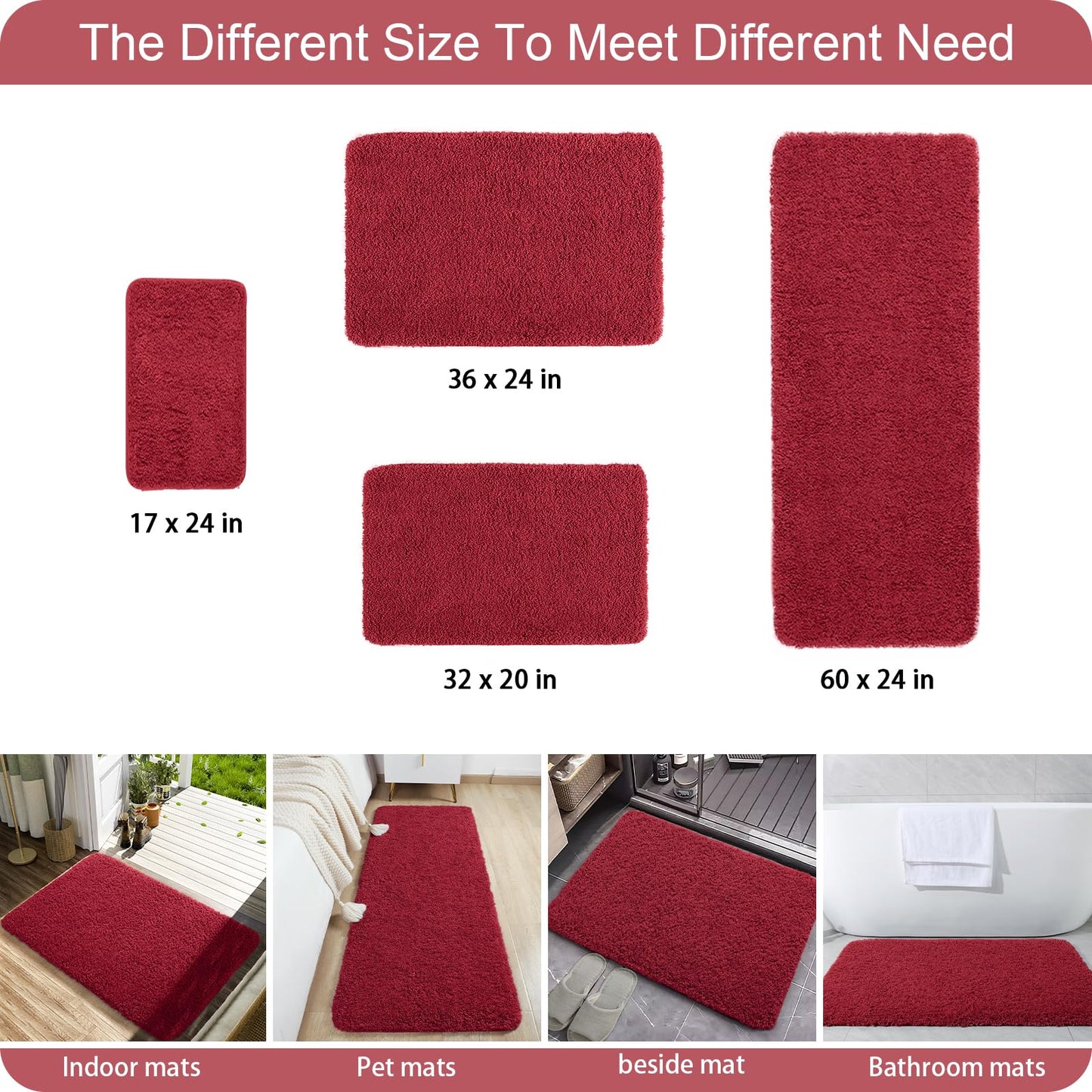 AROGAN Luxury Long Bathroom Runner Rug, 24x60 Inch Thick Soft and Absorbent Microfiber Non Slip Bath Mat, Rubber Backing Christmas Bath Rugs Carpets, Washable Plush Mats for Shower Floor, Red