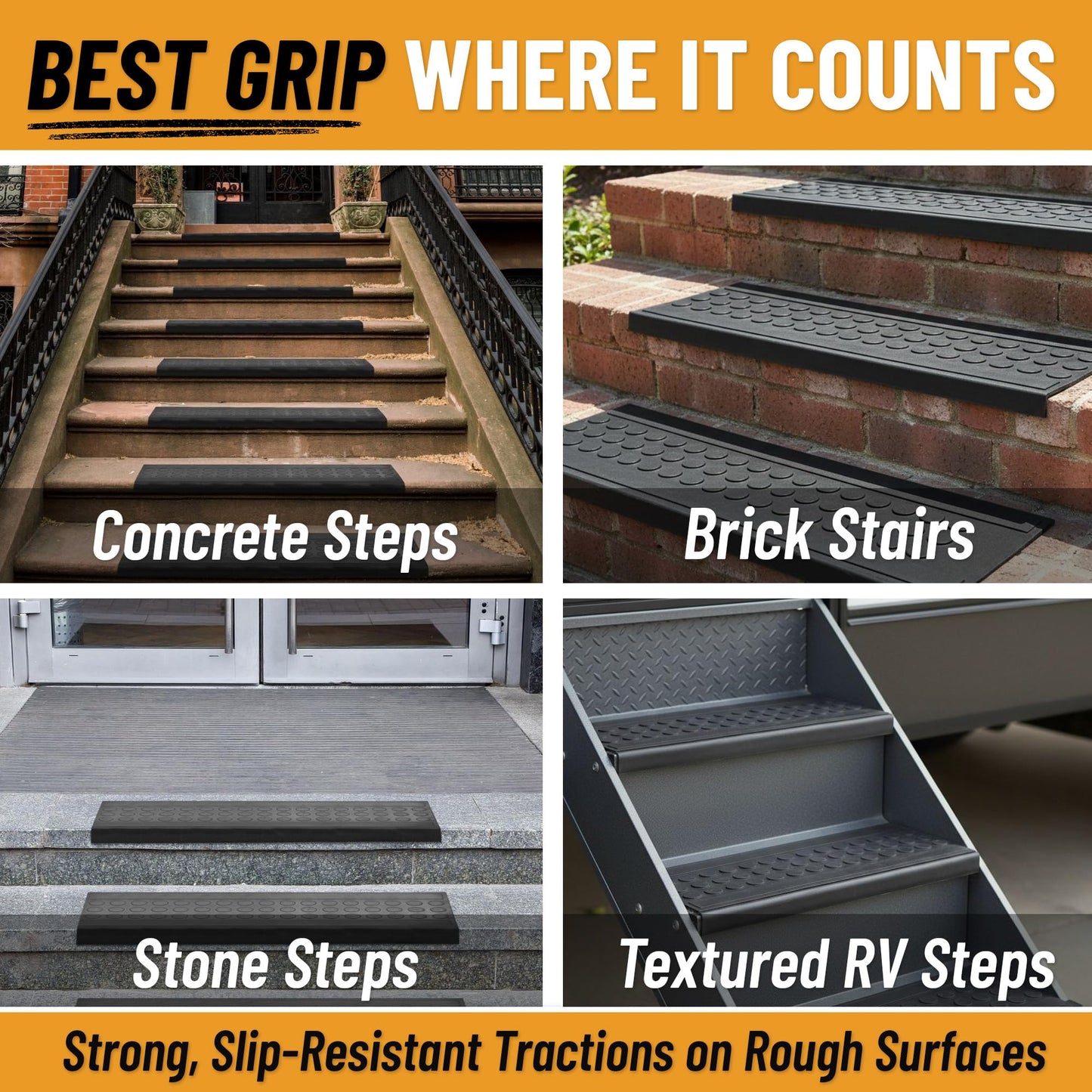 Ottomanson Outdoor Bullnose Stair Treads – Coin Heavy-Duty Non Slip Stair Mats – Strong Grip for Concrete, Brick & Textured Steps – Requires Fastening on Wooden & RV Steps, Pack of 5