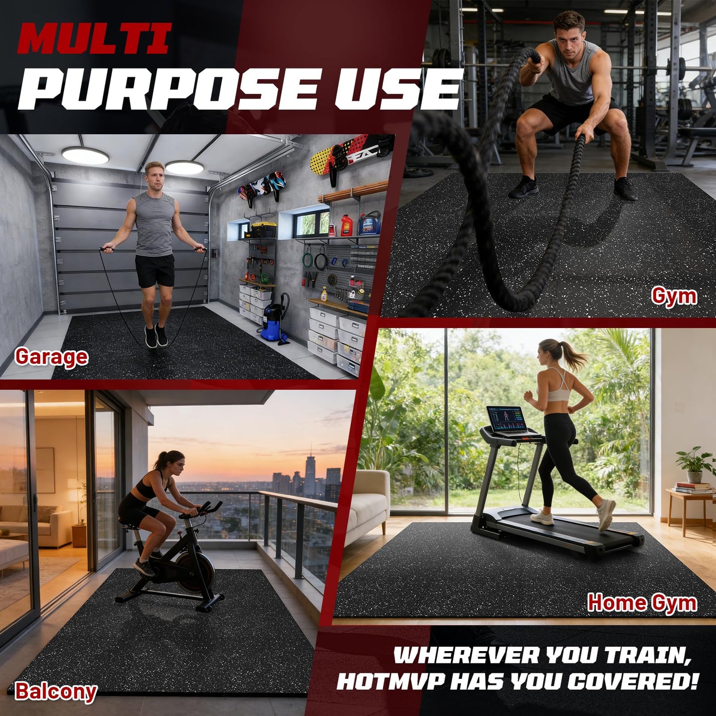 HOTMVP Interlocking Exercise Equipment Mats, 0.56" Thick 12 Tiles (48 Sq Ft) - Rubber Top Gym Flooring with High Density EVA Foam, Heavy Weight Workout Mats for Home GymFloor Protection,Black/White
