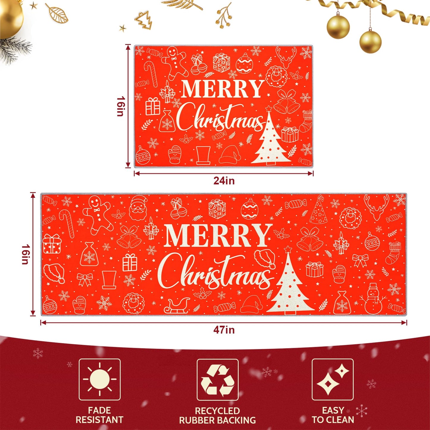 2 Pieces Red Merry Christmas Kitchen Rugs Set, Non Slip Kitchen Floor Mat with Xmas Tree Snowflake Decor Christmas Kitchen Mats Home Low-profile Washable Rugs for Kitchen Bathroom Sink Laundry