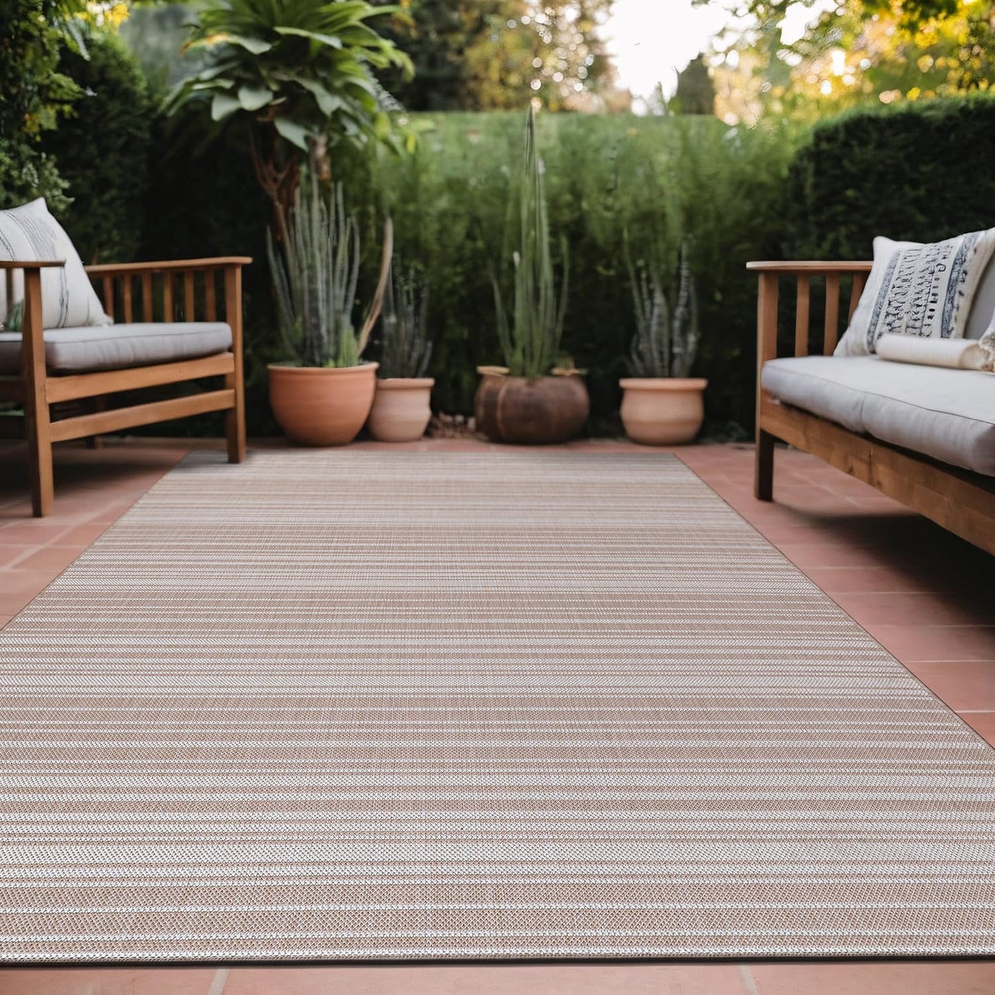 Luul Home Stripe Outdoor Rug 8x10 Washable Outside Carpet for Indoor Patio Porch Waterproof Easy Cleaning Non Shedding Area Rugs Beige 8 x 10