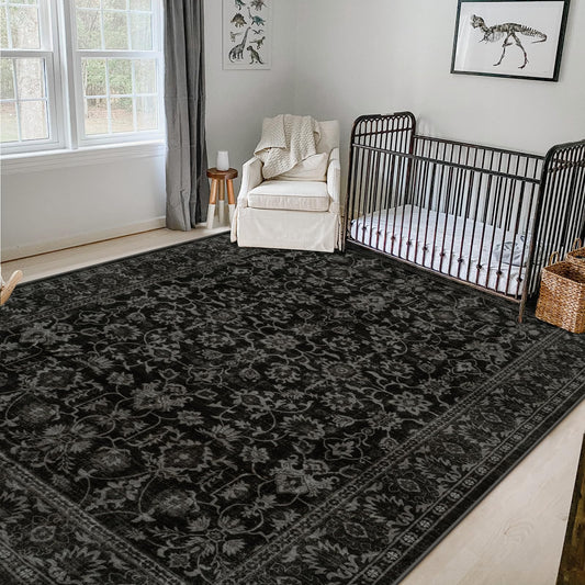 LIVEBOX Washable Area Rug 8x10 - Large Black Boho Living Room Rug Vintage Rugs for Bedroom, Non-Slip Retro Floral Carpet Print Distressed Accent Rugs for Dining Room Home Office
